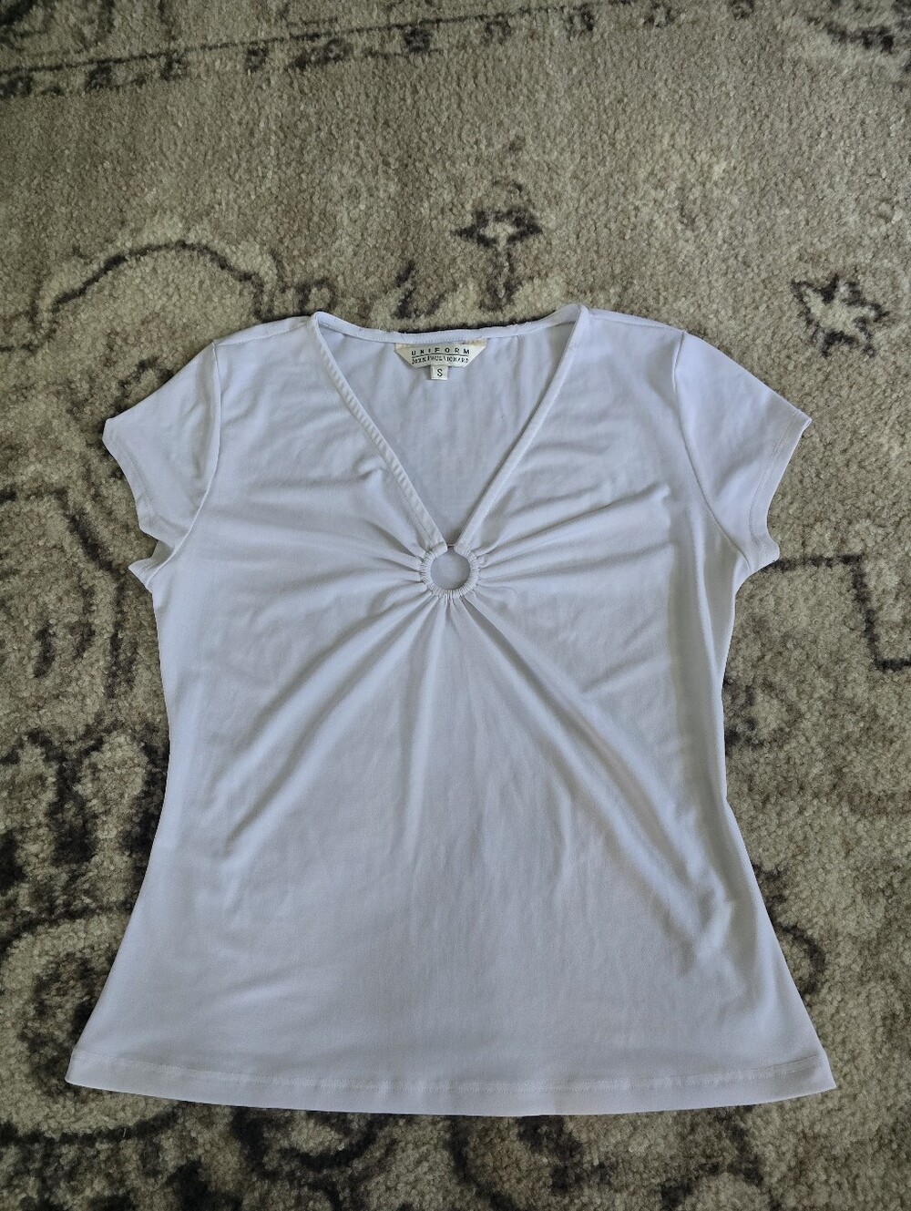 White Short-Sleeve Ring-Detail V-Neck Tee